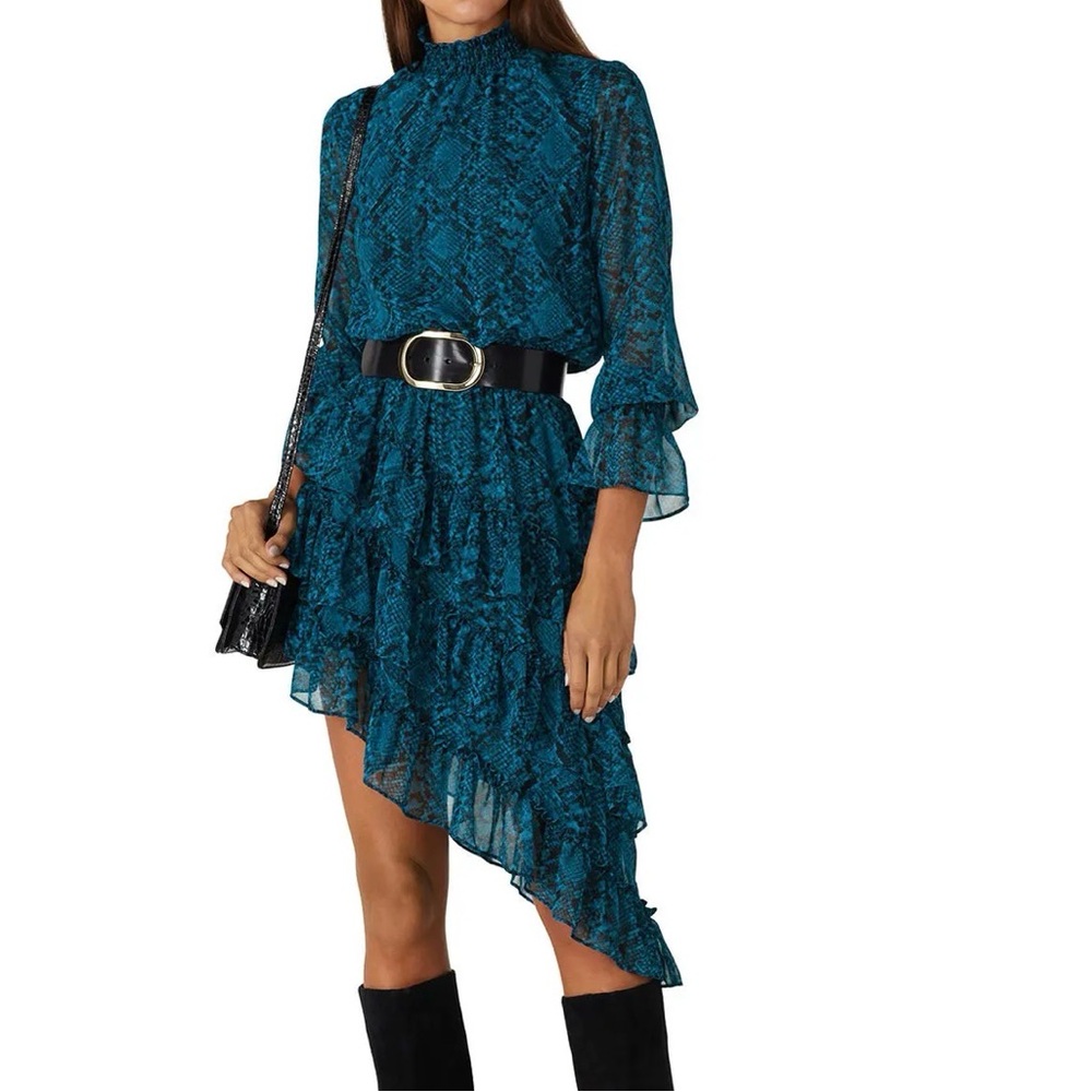 Misa Los Angeles Snake Print Savanna Asymmetrical Teal Dress